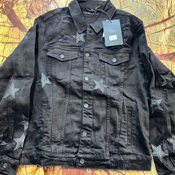 Black Denim Jacket by Embellish black distressed with stars size XL XLarge - Picture 10 of 12
